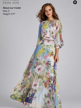 Rickie Freeman Teri Jon Floral Patchwork Pleated Gown Worn Once